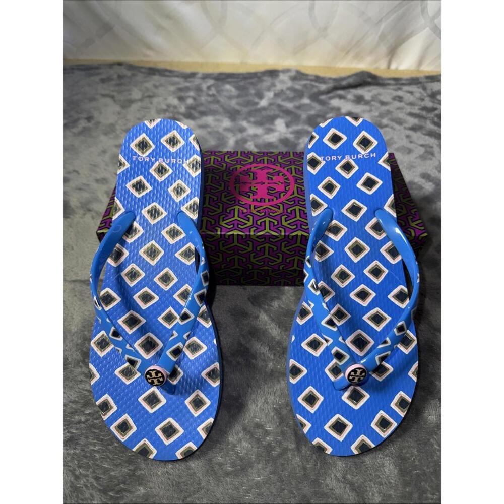 Tory Burch Thin Flip Flop Sandals PVC/EVA Blue Gold Enamel Logo Sz 7
